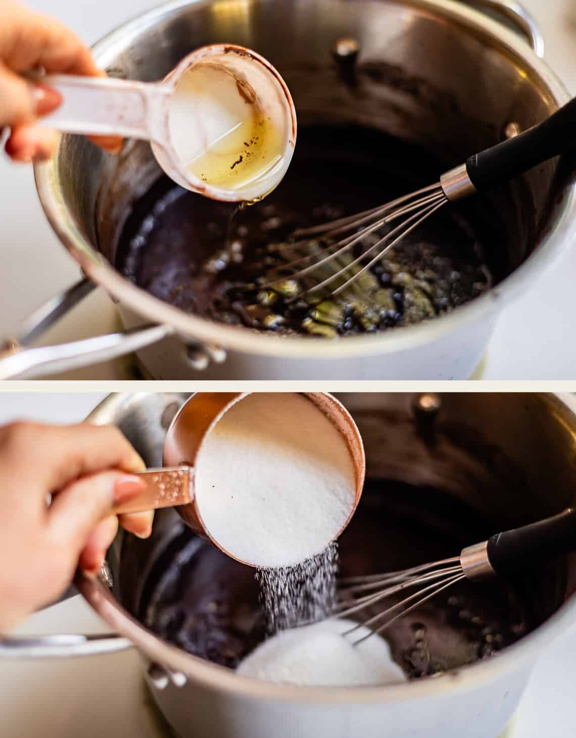 Two-part image showing a hand pouring oil from a measuring cup into a saucepan, followed by a hand pouring sugar into the same saucepan with a whisk inside.