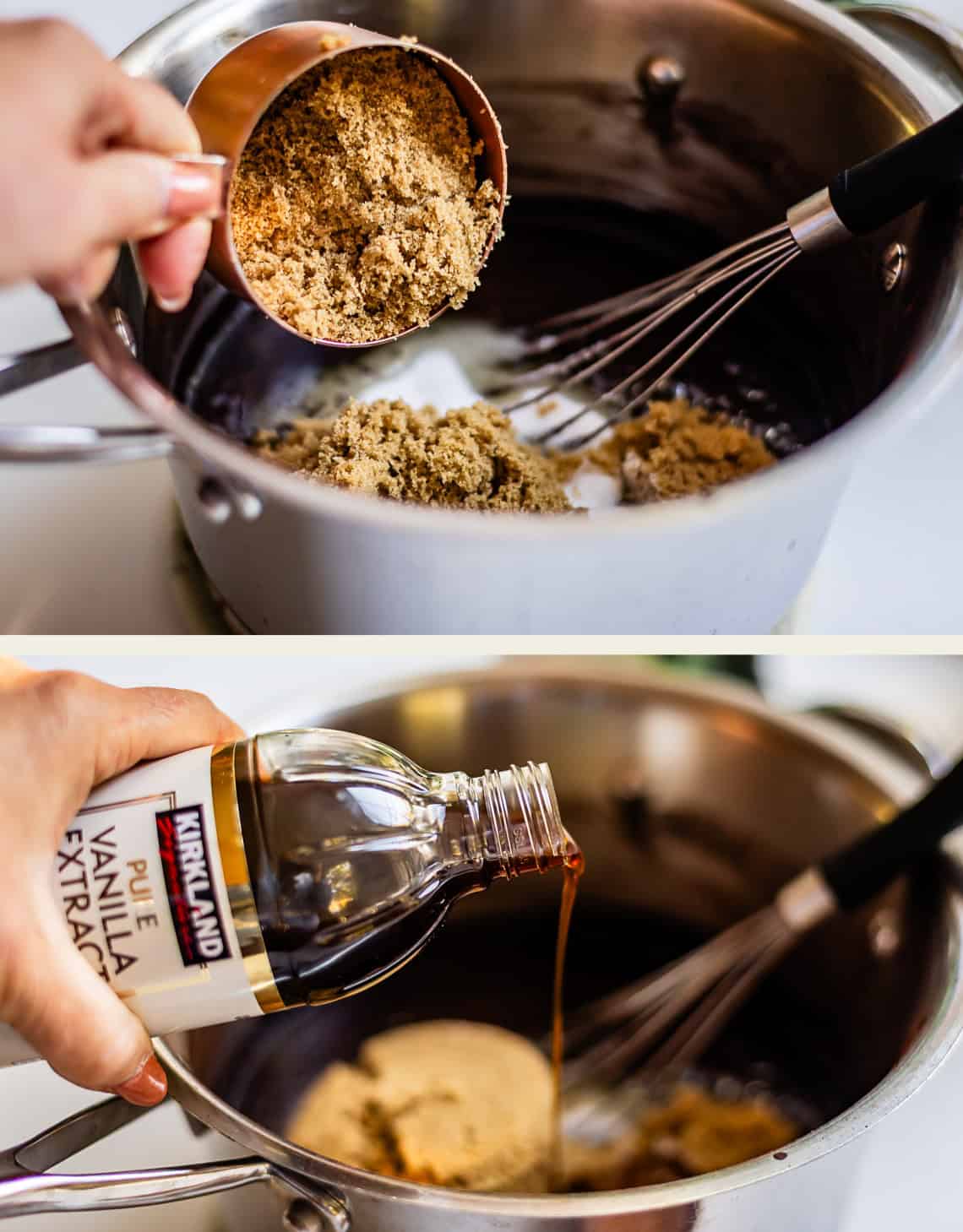 A hand pouring brown sugar from a measuring cup into a saucepan, followed by a hand pouring vanilla extract into the same saucepan.