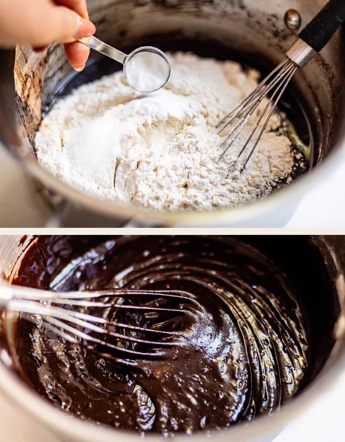A hand adds baking powder to a pot of flour and chocolate batter, which is then whisked into a smooth, dark mixture.
