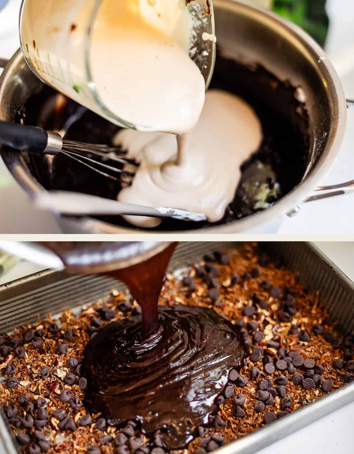 A two-panel image showing creamy batter being poured into a pot of dark chocolate, followed by dark chocolate being poured over a baking pan of granola and chocolate chips.