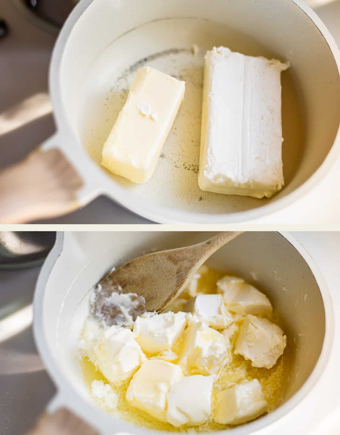 A stick of butter and a block of cream cheese in a saucepan, shown before and after being cut into pieces and melting.