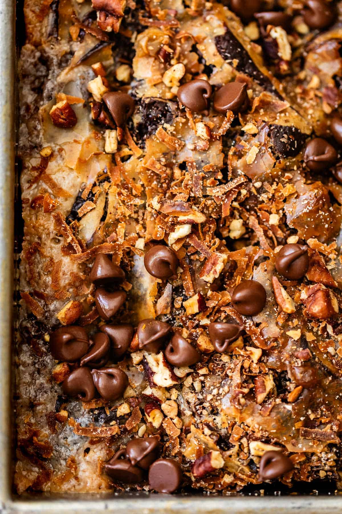 A close-up of a baked dessert topped with chocolate chips, chopped pecans, and shredded coconut.