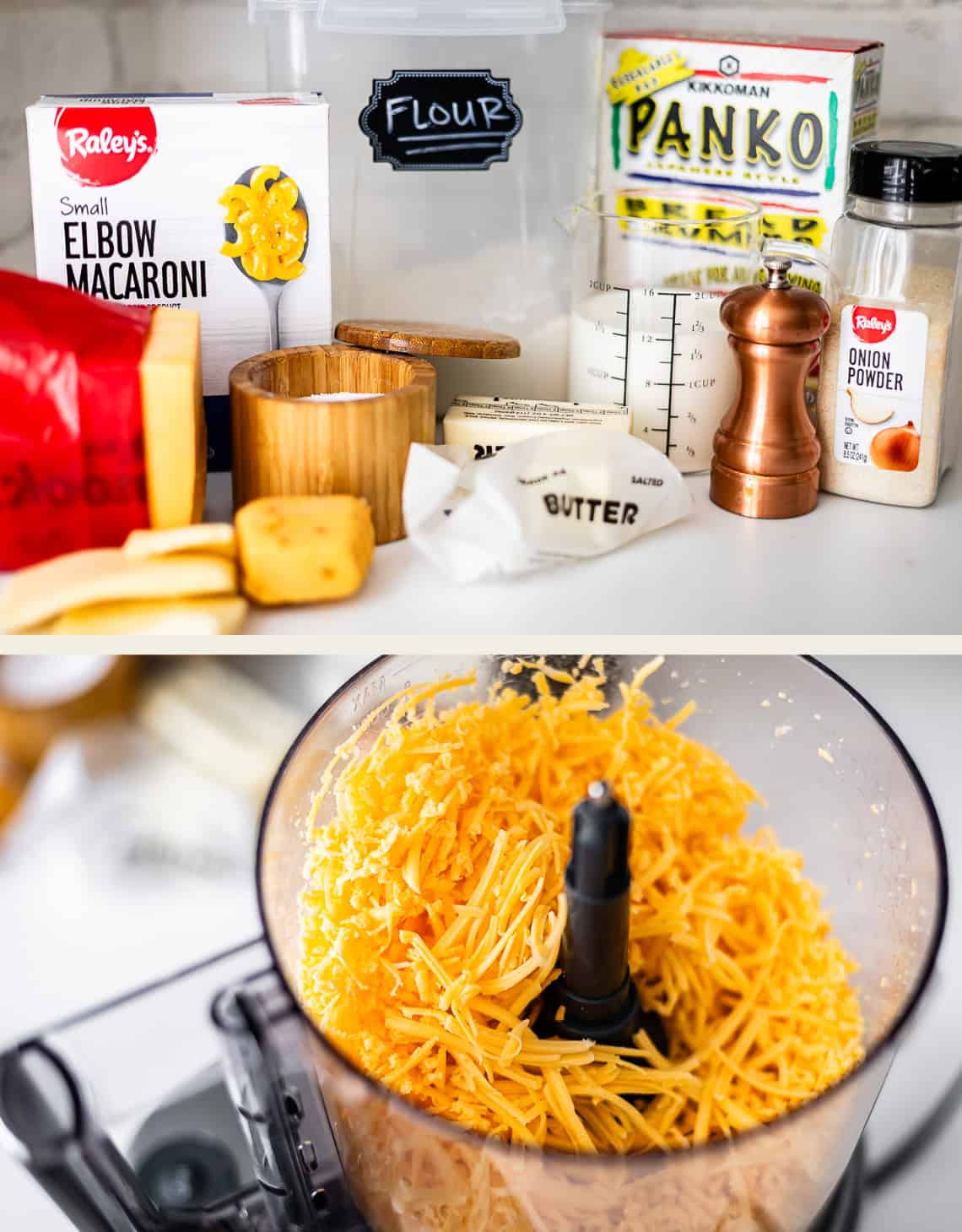 Ingredients for macaroni and cheese, including elbow macaroni, flour, panko, butter, onion powder, and a food processor filled with shredded cheddar cheese.