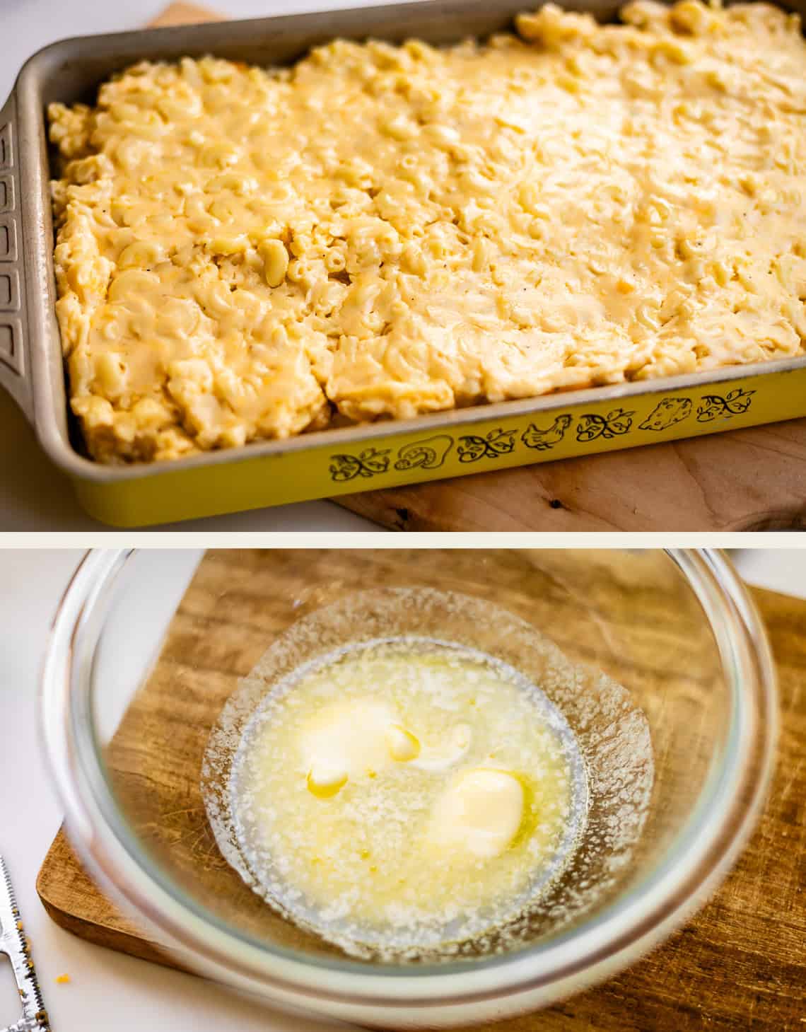 A baking pan filled with creamy macaroni and cheese above a glass bowl containing melted butter.