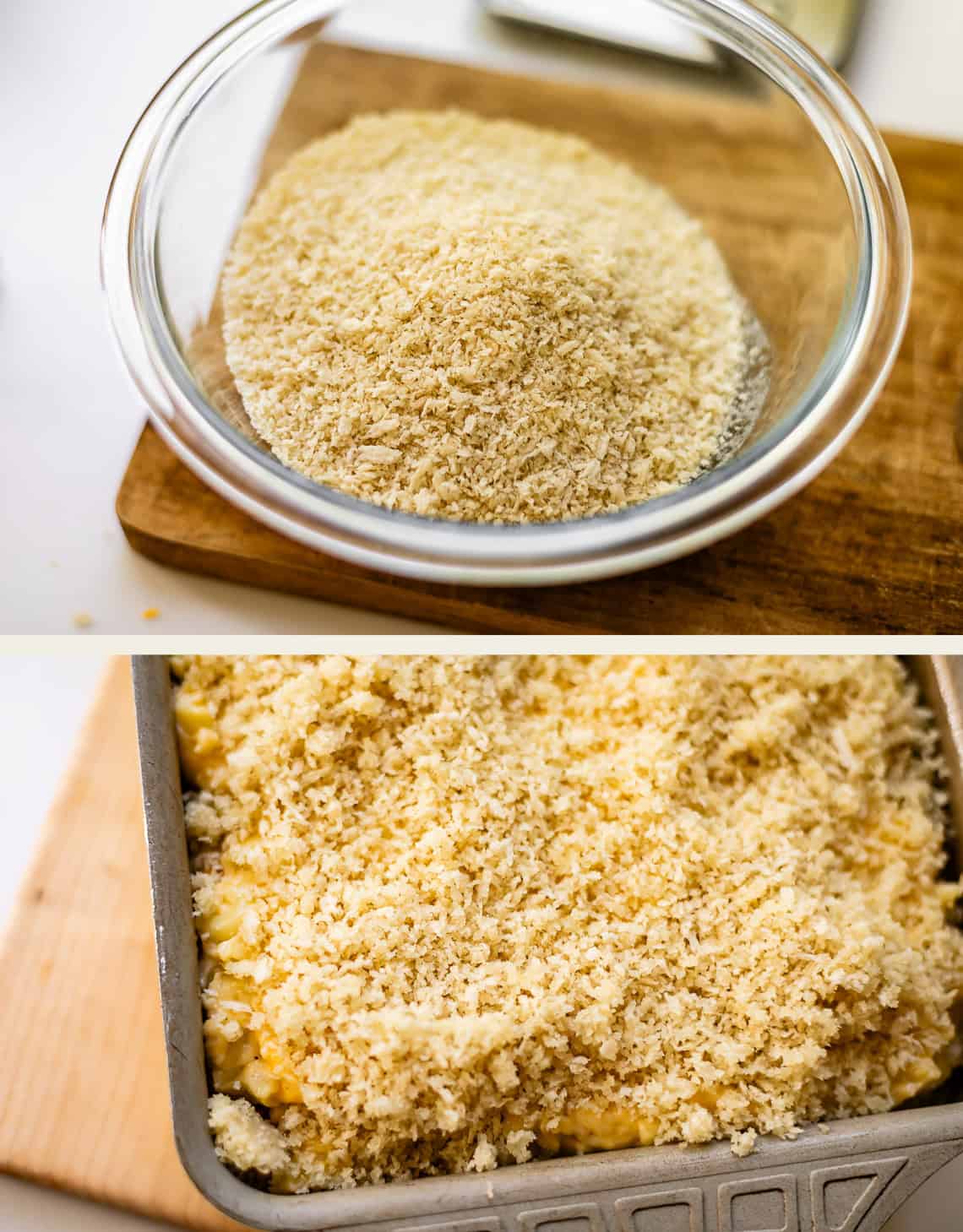 A glass bowl filled with breadcrumbs and a metal baking dish filled with a creamy dish topped with breadcrumbs.