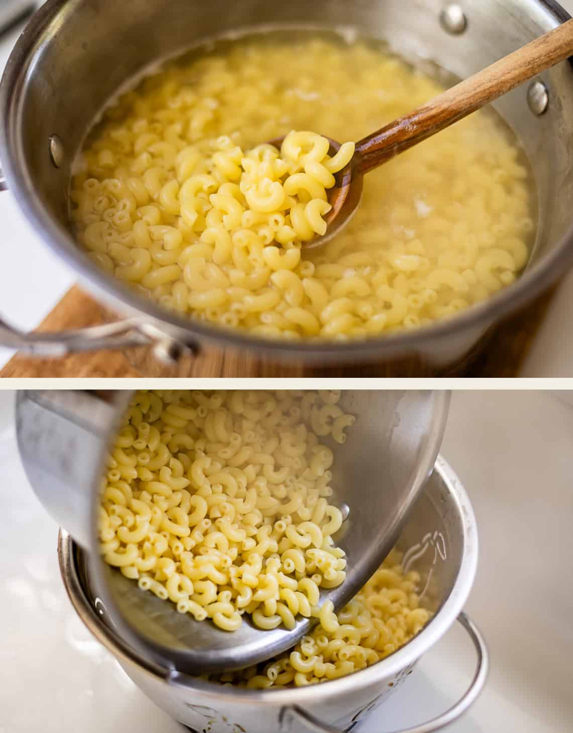 A wooden spoon stirs elbow macaroni in a pot of boiling water, followed by the cooked pasta being poured into a colander to drain.