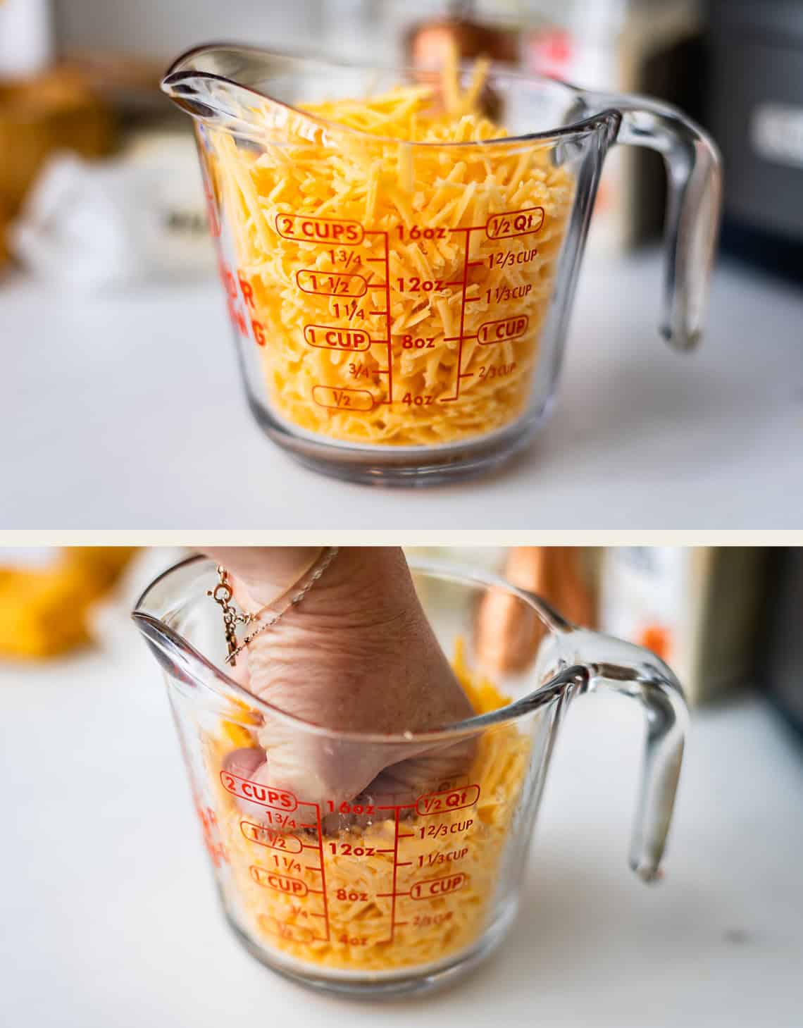 A glass measuring cup filled with shredded cheddar cheese, shown before and after being packed down by a hand.