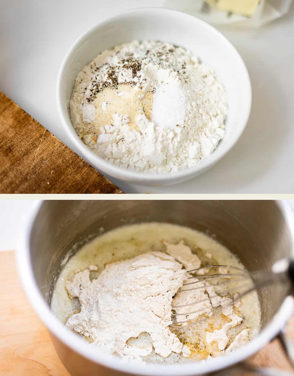 A white bowl containing flour, seasonings, and salt, shown above a metal pot where the flour mixture is being whisked into melted butter.