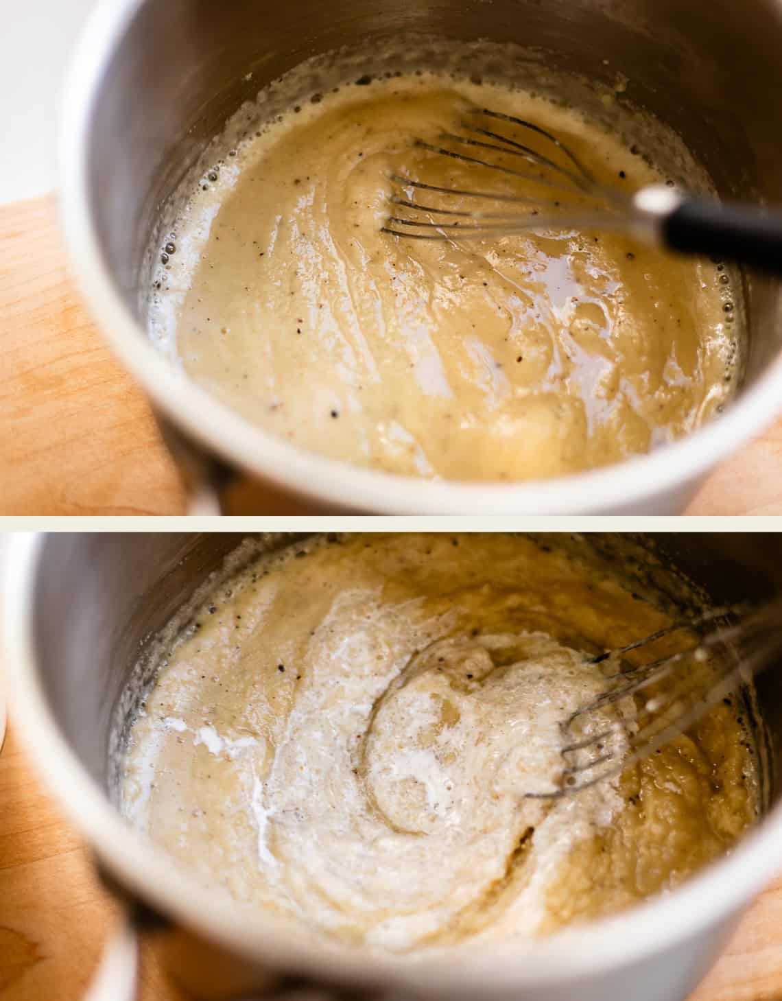 Two views of a metal pot containing a thick, light-colored sauce being stirred with a wire whisk.