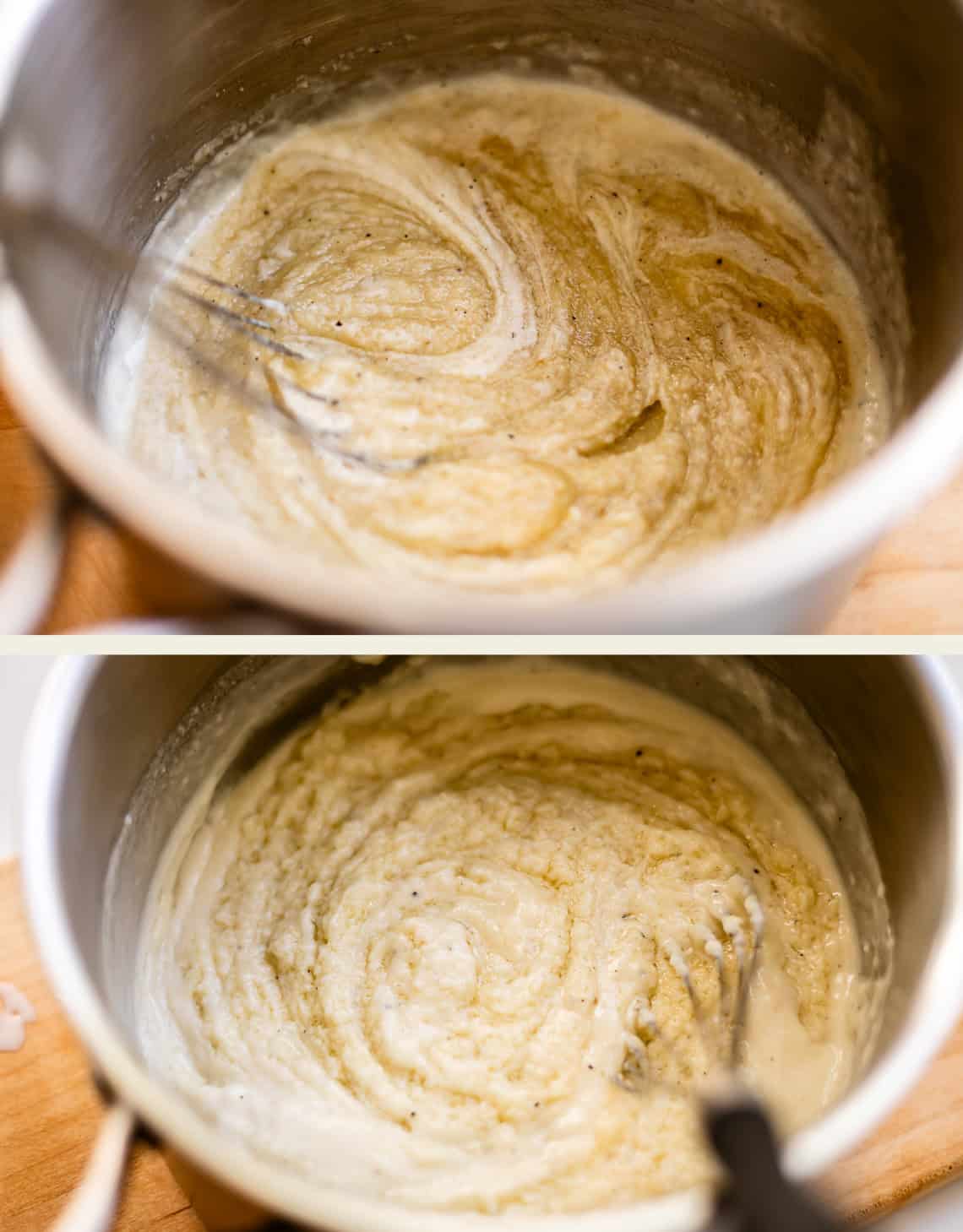A stainless steel pot containing a creamy, speckled sauce being whisked.