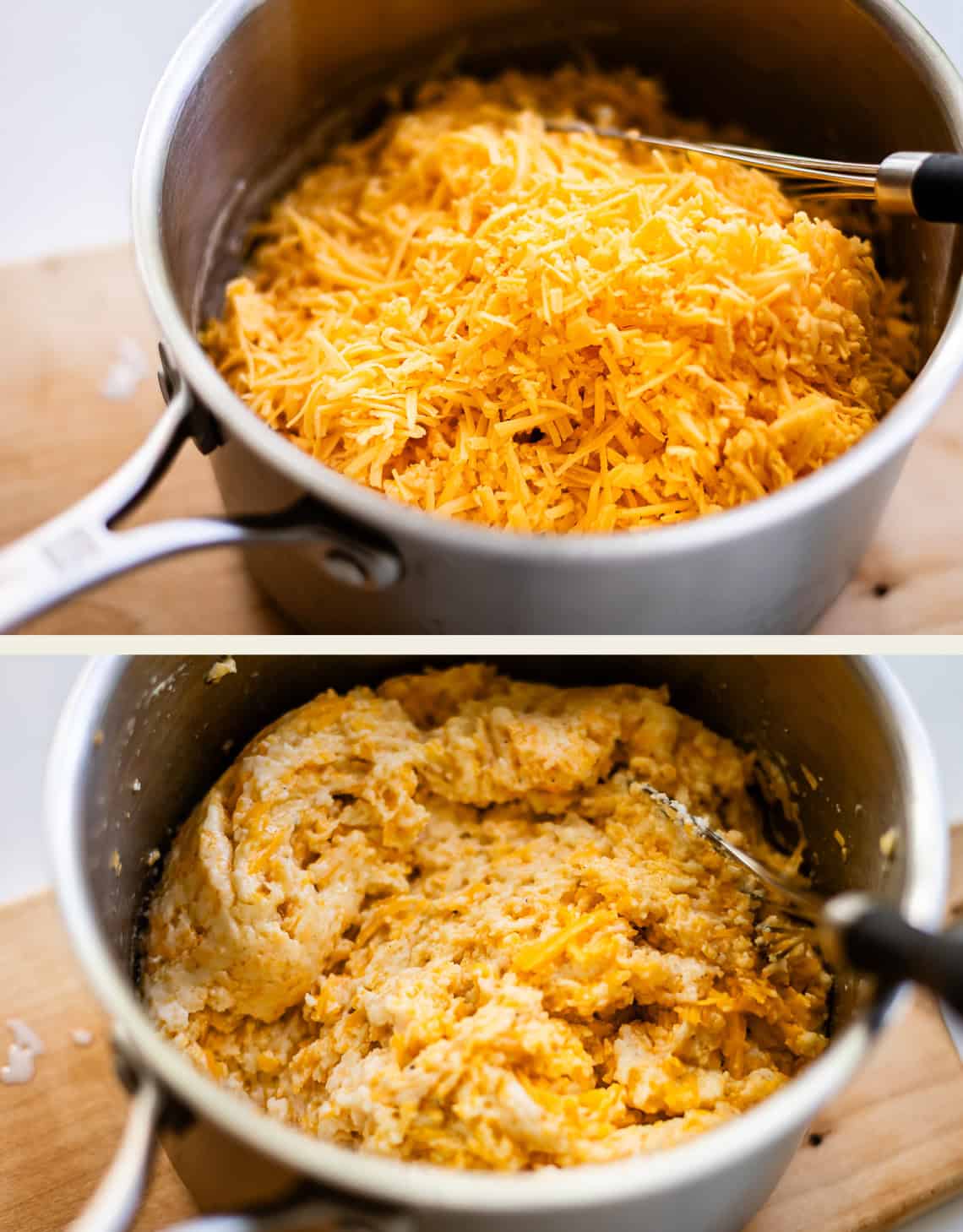 A two-part image showing a metal pot filled with shredded cheddar cheese, followed by the cheese melted into a thick mixture.