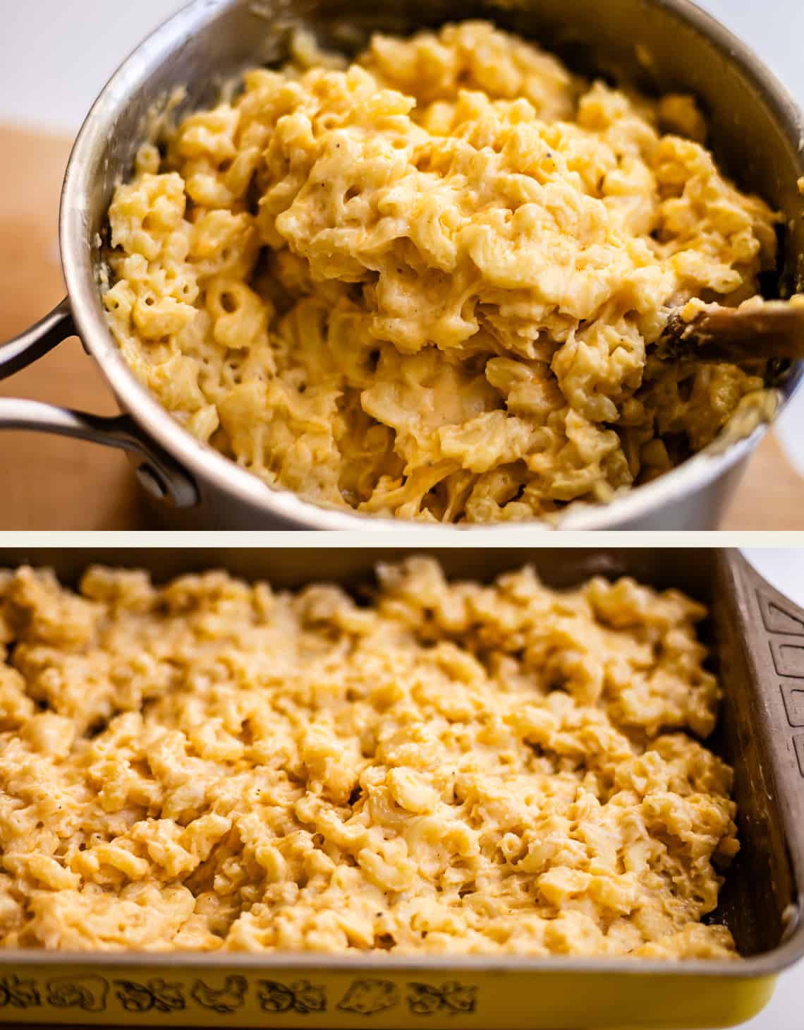 Creamy macaroni and cheese in a metal pot and spread into a baking dish.