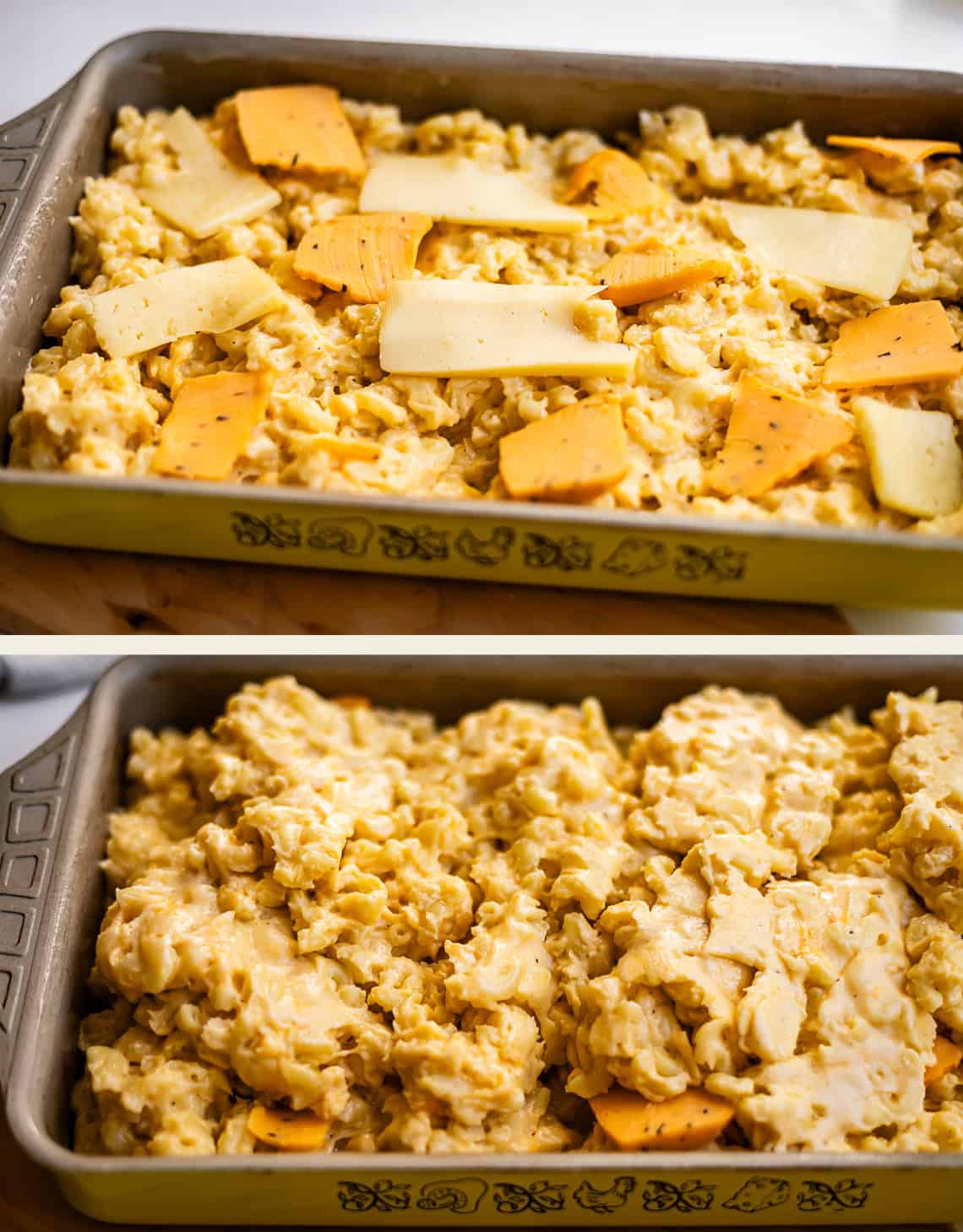 Two-panel image showing a baking dish of macaroni and cheese topped with slices of cheese before baking, and the finished, melted dish after baking.