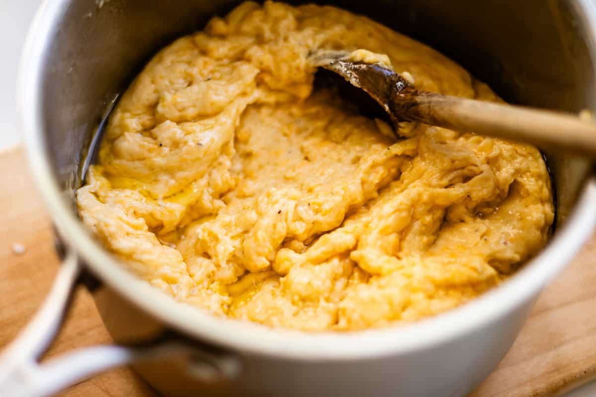 Cheese sauce for macaroni and cheese in a pot.